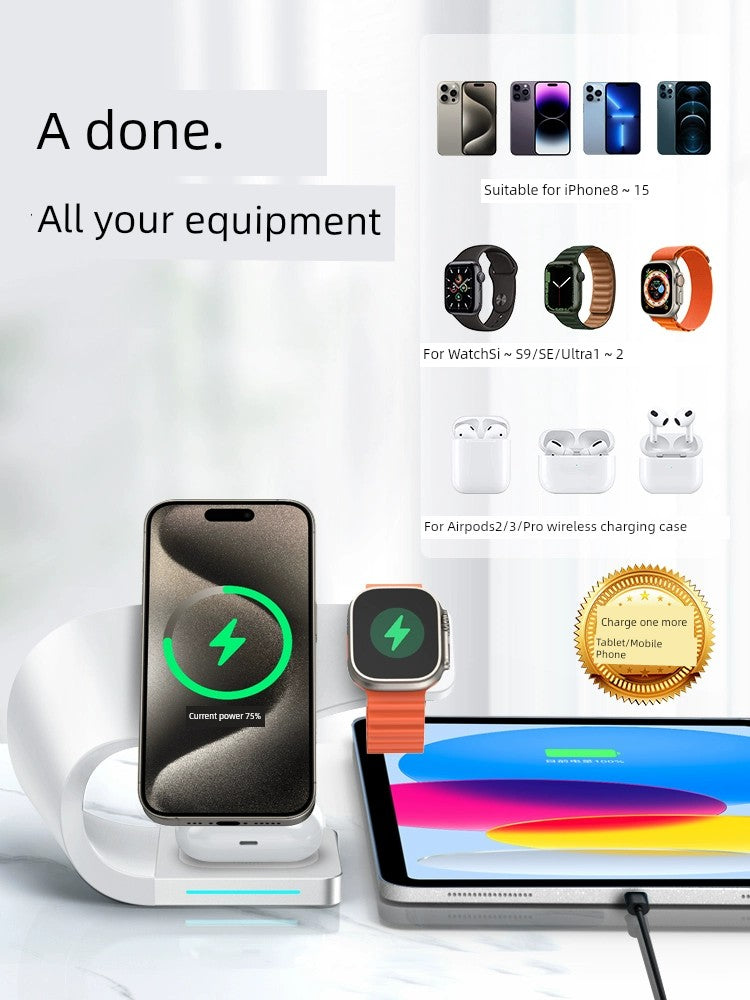 Cargador inalámbrico cuatro en uno, carga rápida para MagSafe, Apple Watch, soporte para Apple Watch, base de carga de escritorio para iWatch, auriculares Bluetooth Airpods Pro, succión magnética tres en uno