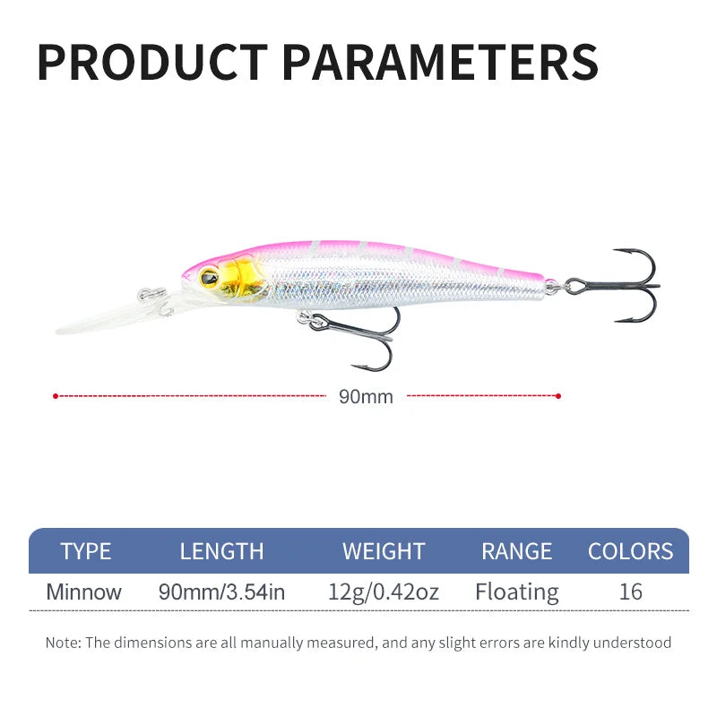 MSEASFREE-Floating Minnow Artificial Hard Bait Fishing Lure, Wobblers for Bass Perch Pike Trout, Fishing Tackle, 90mm, 12g