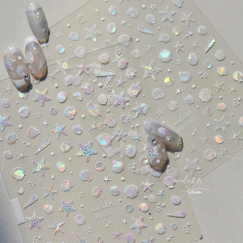 Calcomanías de manicura para decoración de uñas con relieve suave, conchas, estrellas de mar, caracoles, burbujas marinas, verano, playa, océano