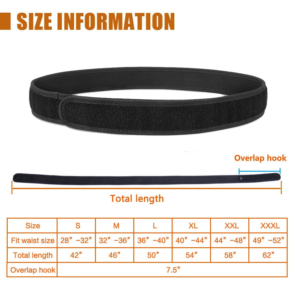 Cinturón táctico KRYDEX sin hebilla, forro interior de nailon de 1,5 pulgadas, con bucle interior para caza y tiro, tallas S a XXL
