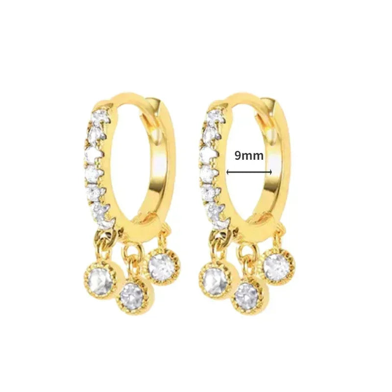 Pendientes de aro de plata de ley 925 con forma de aguja y cristales de circonita, con gotas de agua, dorados, joyería de lujo premium para fiestas.