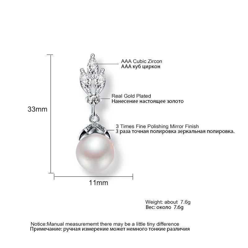 ZAKOL Fashion Sliver Color AAA CZ Pearl Dangle Earrings for Women Shiny Leaf Zircon Bridal Earring Wedding Party Jewelry