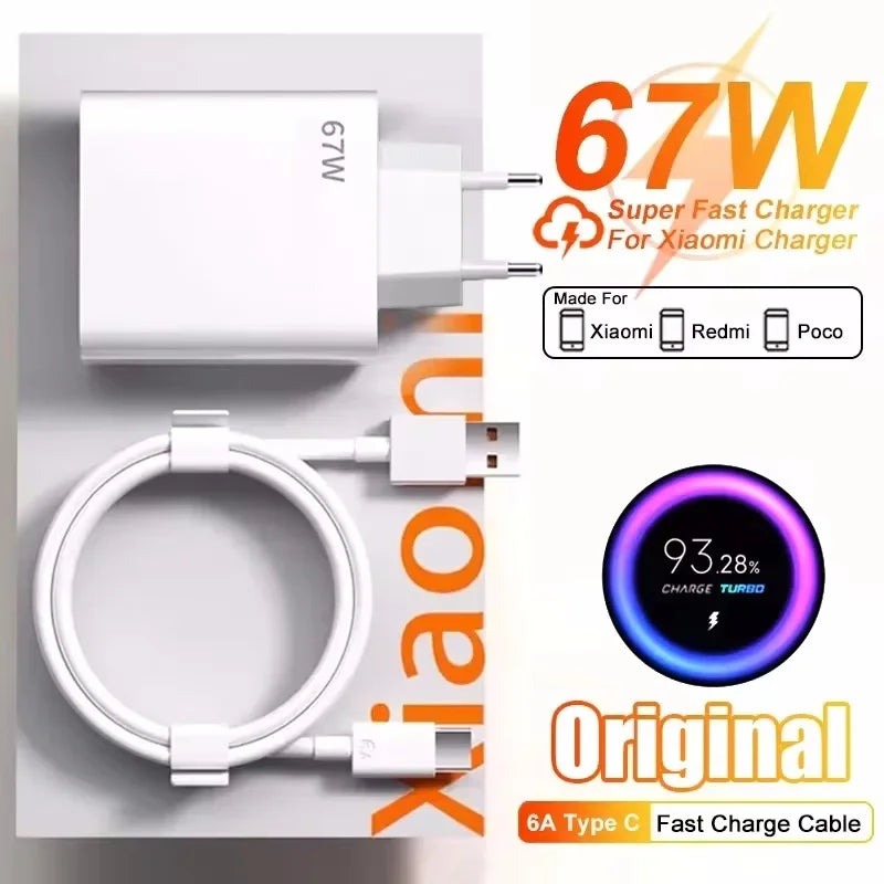 Cargador de teléfono de pared USB de 67 W con enchufe UE, EE. UU. y Reino Unido, cable USB tipo C para iPhone, Samsung, Xiaomi Redmi Note, cargador rápido Turbo, adaptador de corriente