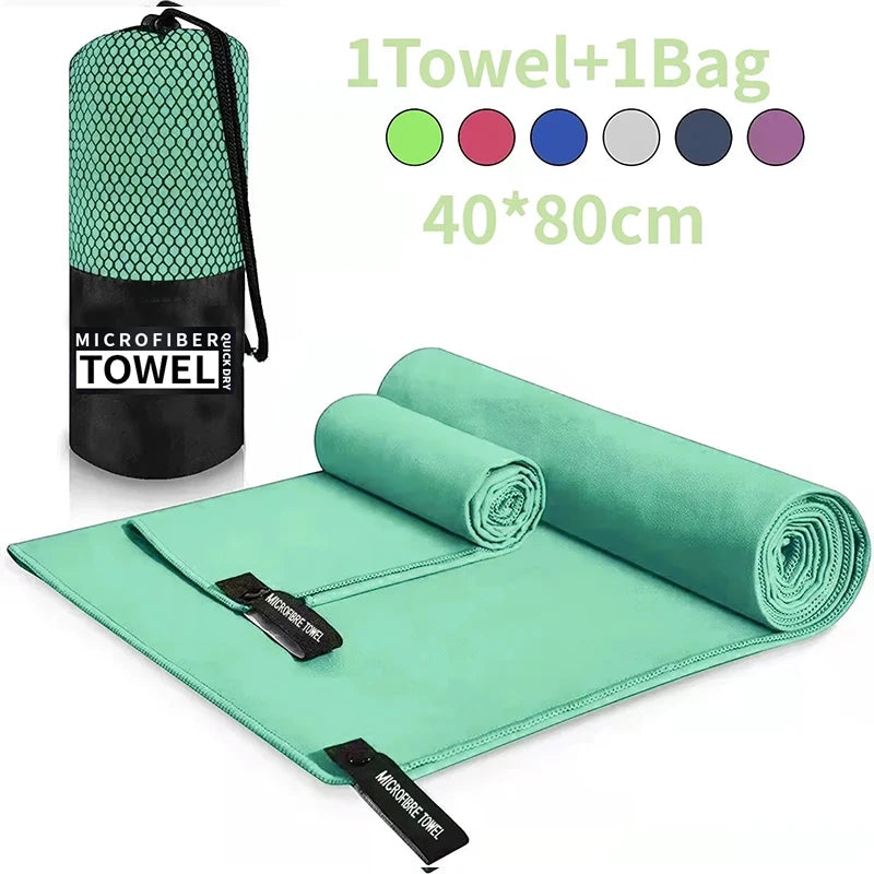 Toalla deportiva de secado rápido, 40 x 80 cm, color azul, gris, verde y naranja, ideal para natación, gimnasio, fitness, camping, running y playa.