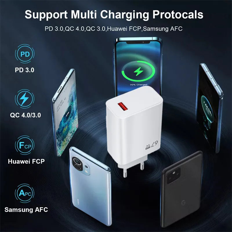 Cargador de teléfono de pared USB de 67 W con enchufe UE, EE. UU. y Reino Unido, cable USB tipo C para iPhone, Samsung, Xiaomi Redmi Note, cargador rápido Turbo, adaptador de corriente