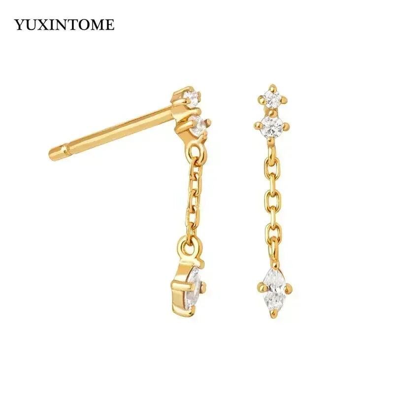 Pendientes de aro de plata de ley 925 con forma de aguja y cristales de circonita, con gotas de agua, dorados, joyería de lujo premium para fiestas.