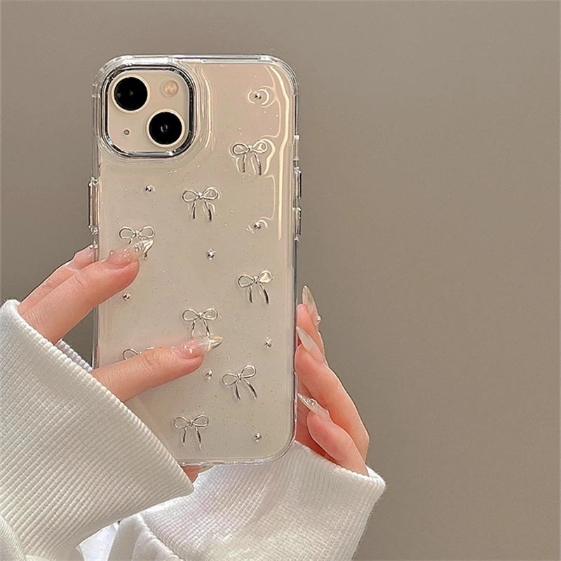 Korean Cute Little 3D Metal Bowknot Case For iPhone 16 15 14 13 12 11 Pro Max Plus Epoxy Glitter Shell Ins Girl Clear Soft Shell