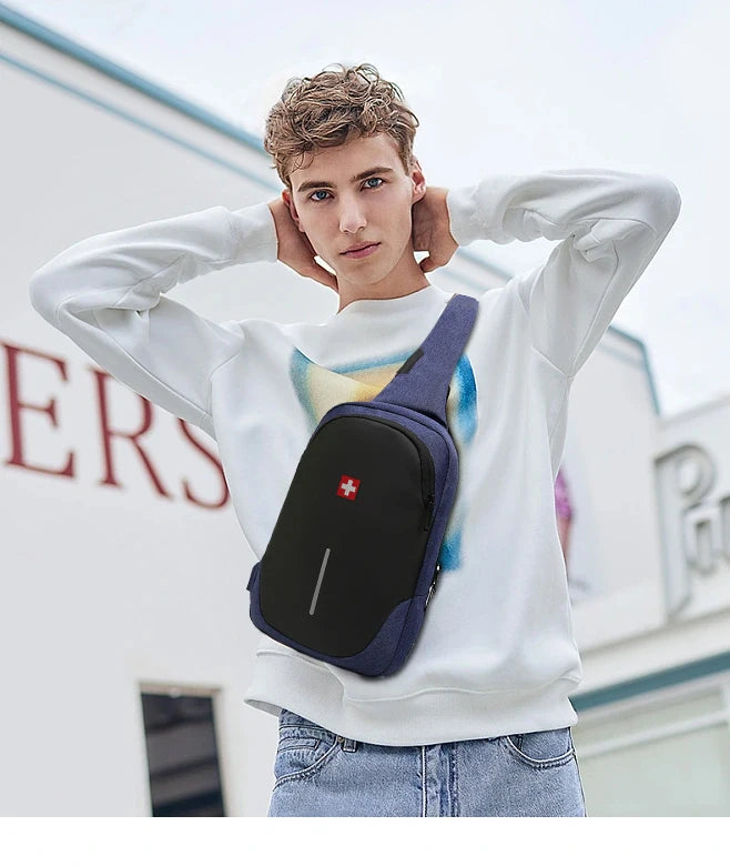 Bolso de pecho informal SWISS para hombre, nuevo, deportivo, impermeable, bandolera antirrobo, moderno, de color sólido, con USB