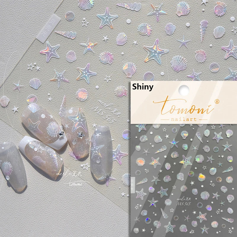 Calcomanías de manicura para decoración de uñas con relieve suave, conchas, estrellas de mar, caracoles, burbujas marinas, verano, playa, océano