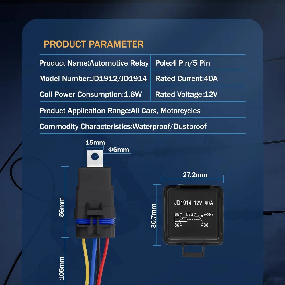 Car Auto Automobile Relay Sealed Waterproof Integrated Wired DC12V 40A 5Pin 4pin Auto Relay + Holder With 105mm Length Wires