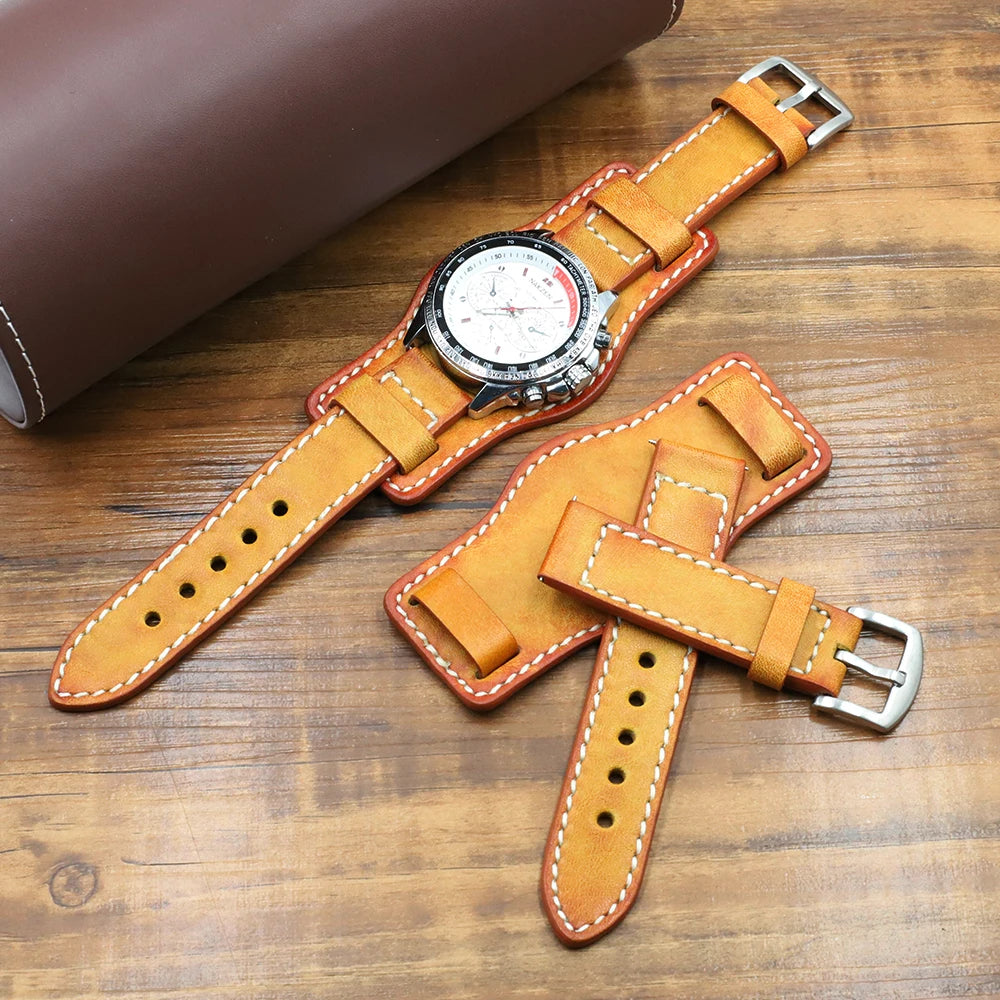Retro Handmade Men's Wrist Watch Band 20mm 22mm 24mm Leather Cuff Watch Bracelet Yellow Blue Black Green Red Color Watch Strap