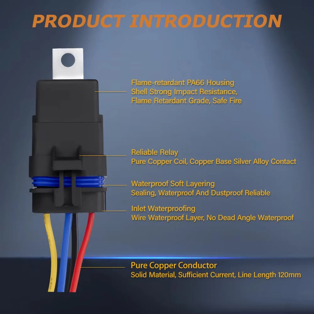 Car Auto Automobile Relay Sealed Waterproof Integrated Wired DC12V 40A 5Pin 4pin Auto Relay + Holder With 105mm Length Wires