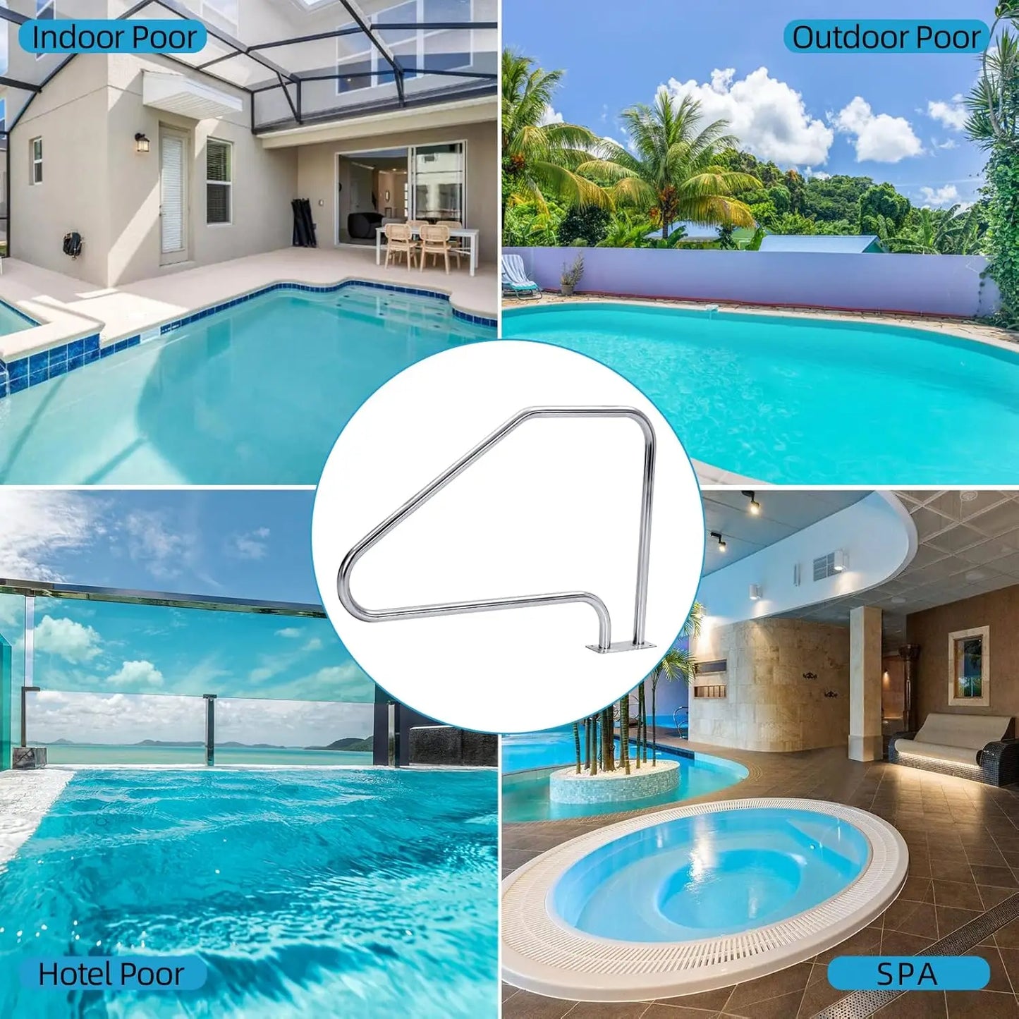 Pasamanos para piscina de 125 x 86 cm, acero inoxidable 304, capacidad de carga de 158 kg, resistente a la corrosión y con agarre azul.