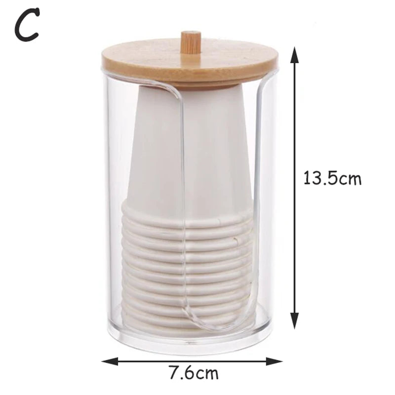 Caja de almacenamiento de acrílico, tarro de baño, organizador de maquillaje, soporte redondo para almohadillas de algodón, caja para hisopos de algodón, dispensador de hisopos con tapa de bambú