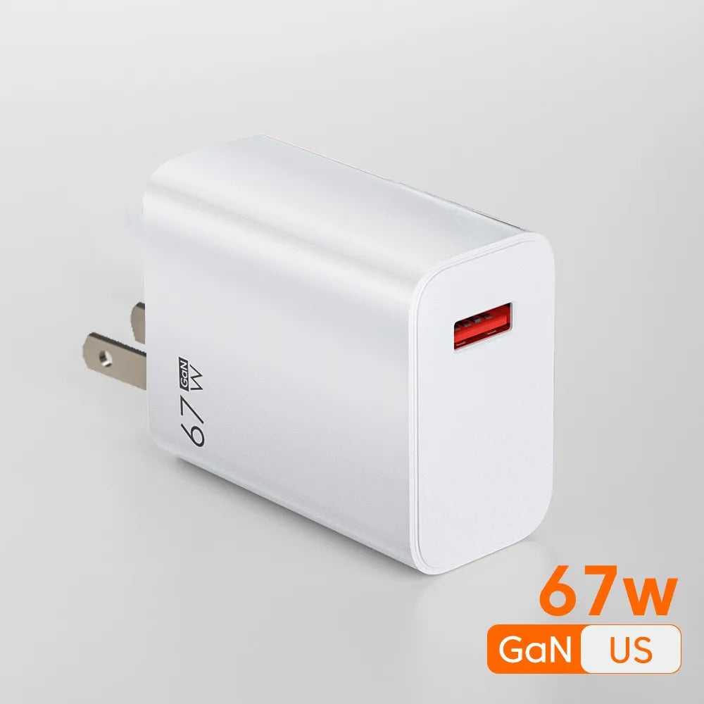 Cargador de teléfono de pared USB de 67 W con enchufe UE, EE. UU. y Reino Unido, cable USB tipo C para iPhone, Samsung, Xiaomi Redmi Note, cargador rápido Turbo, adaptador de corriente