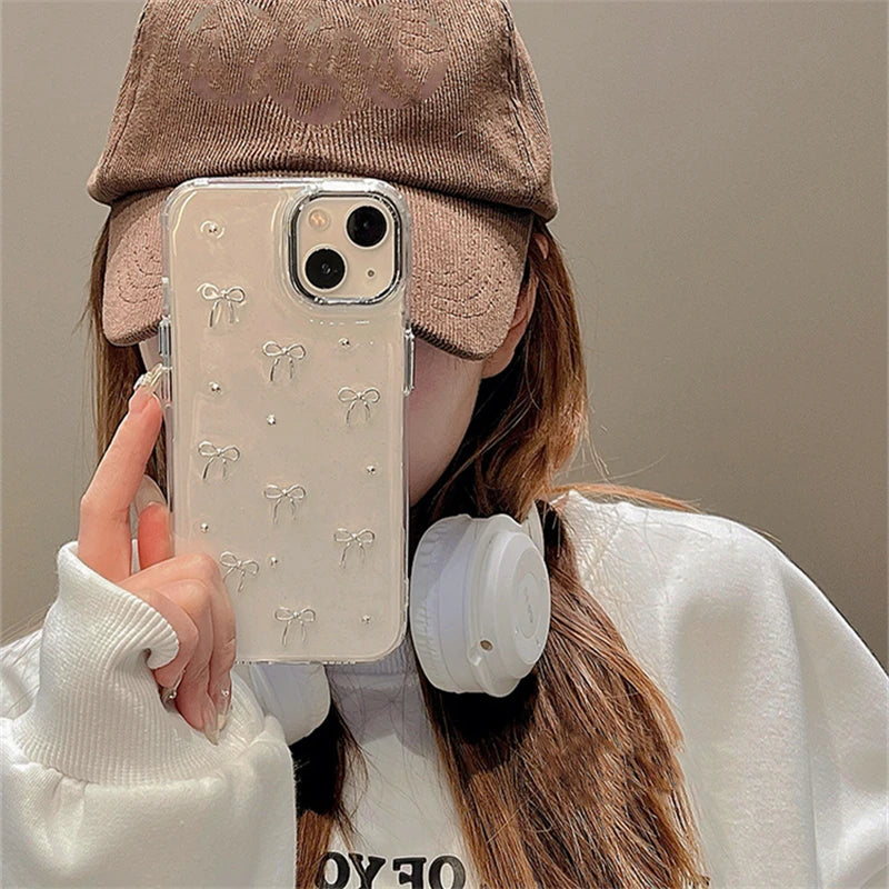Korean Cute Little 3D Metal Bowknot Case For iPhone 16 15 14 13 12 11 Pro Max Plus Epoxy Glitter Shell Ins Girl Clear Soft Shell