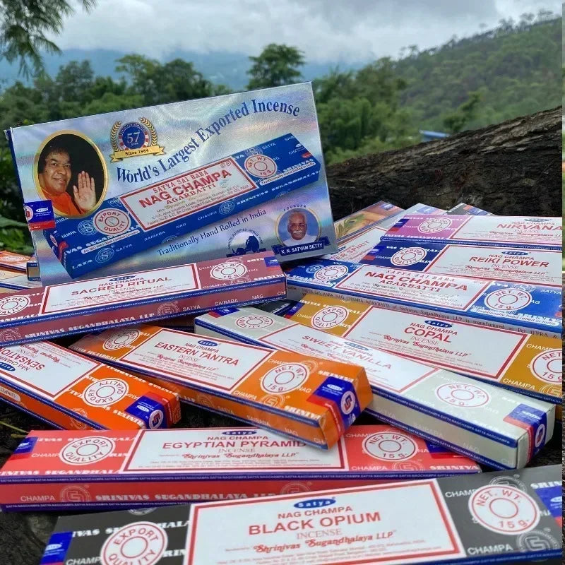 5 CAJAS NAG Champa Incienso Satya Colección de Inciensos Satya Varillas Hechas a Mano con Sabores Aromas Medicinales Refrescantes Fragancias para el Hogar