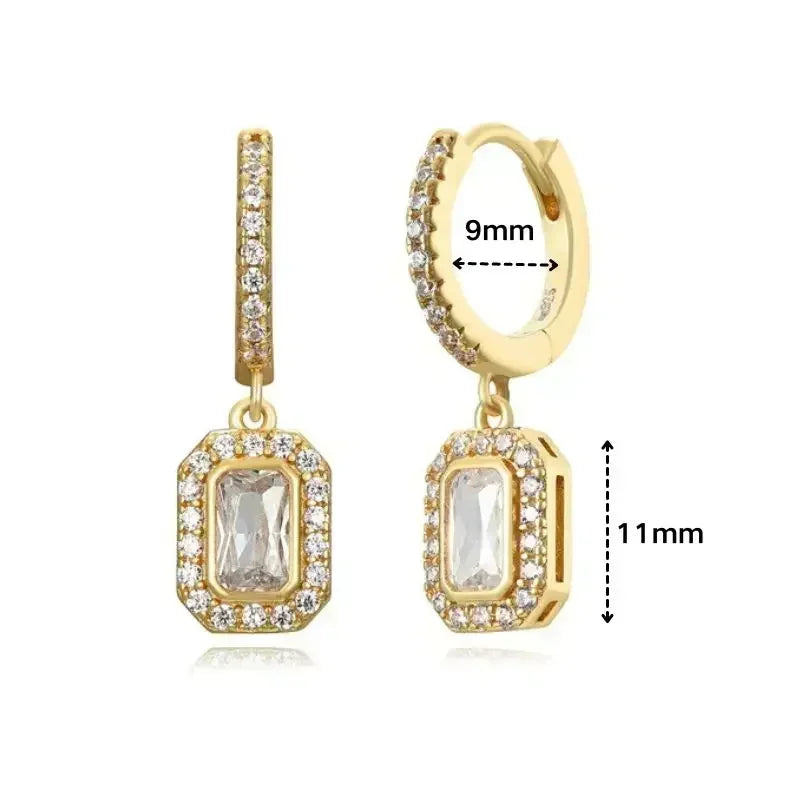 Pendientes de aro de plata de ley 925 con forma de aguja y cristales de circonita, con gotas de agua, dorados, joyería de lujo premium para fiestas.