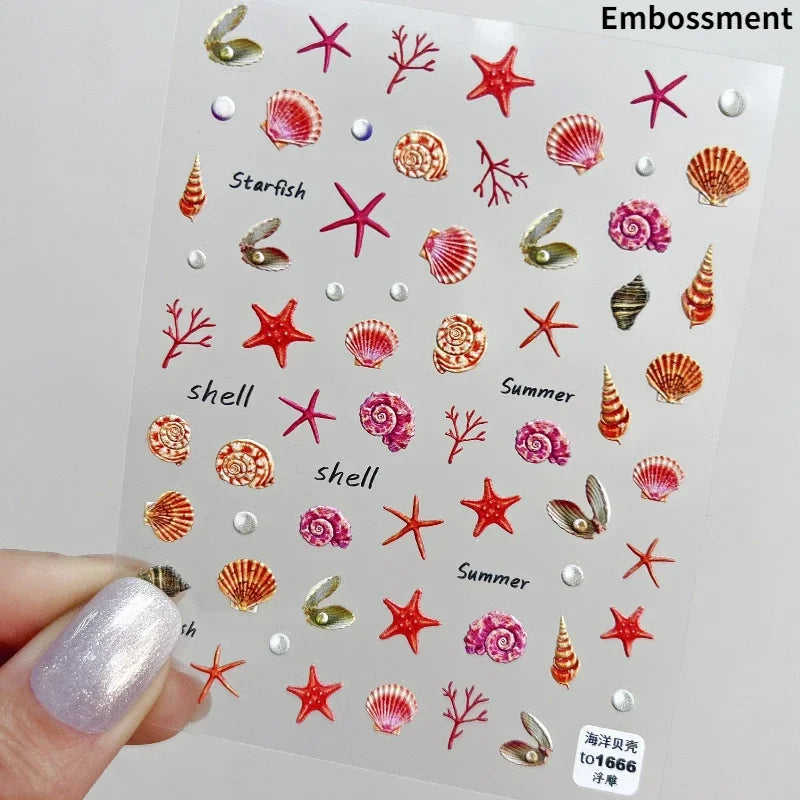 Calcomanías de manicura para decoración de uñas con relieve suave, conchas, estrellas de mar, caracoles, burbujas marinas, verano, playa, océano