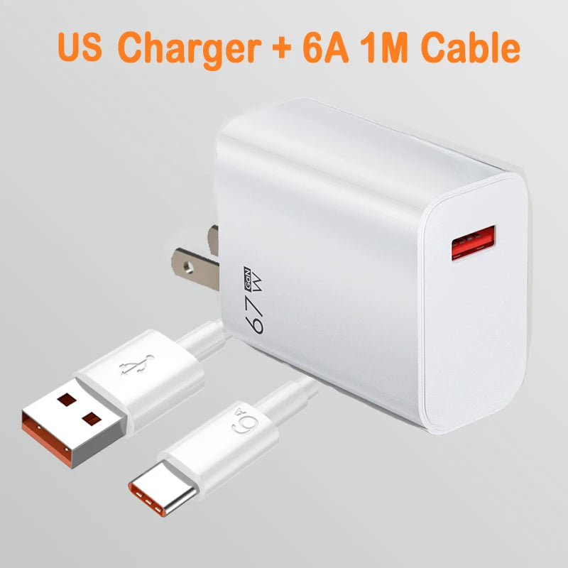 Cargador de teléfono de pared USB de 67 W con enchufe UE, EE. UU. y Reino Unido, cable USB tipo C para iPhone, Samsung, Xiaomi Redmi Note, cargador rápido Turbo, adaptador de corriente
