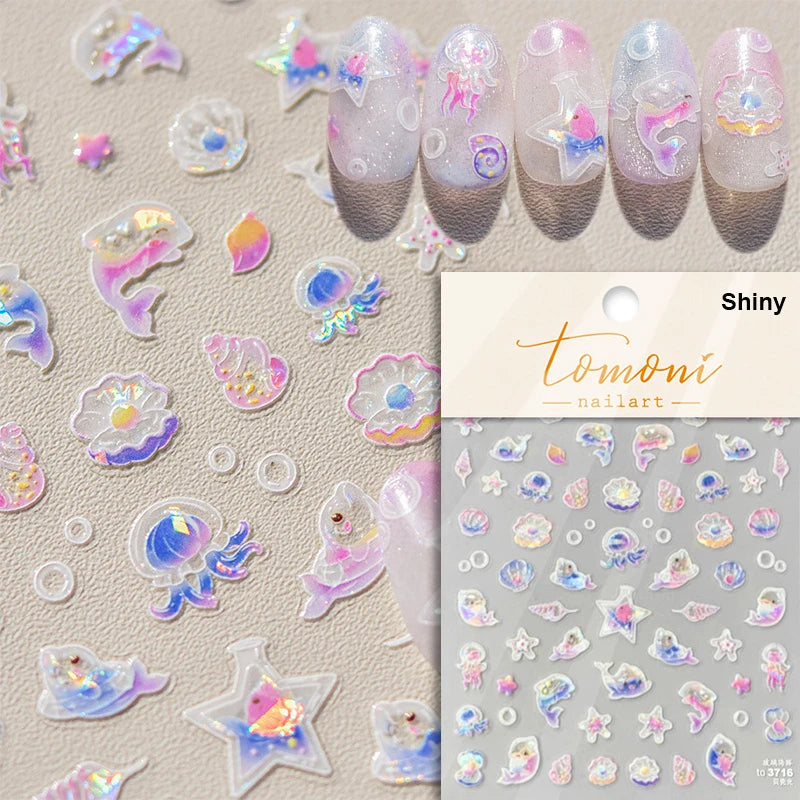 Calcomanías de manicura para decoración de uñas con relieve suave, conchas, estrellas de mar, caracoles, burbujas marinas, verano, playa, océano