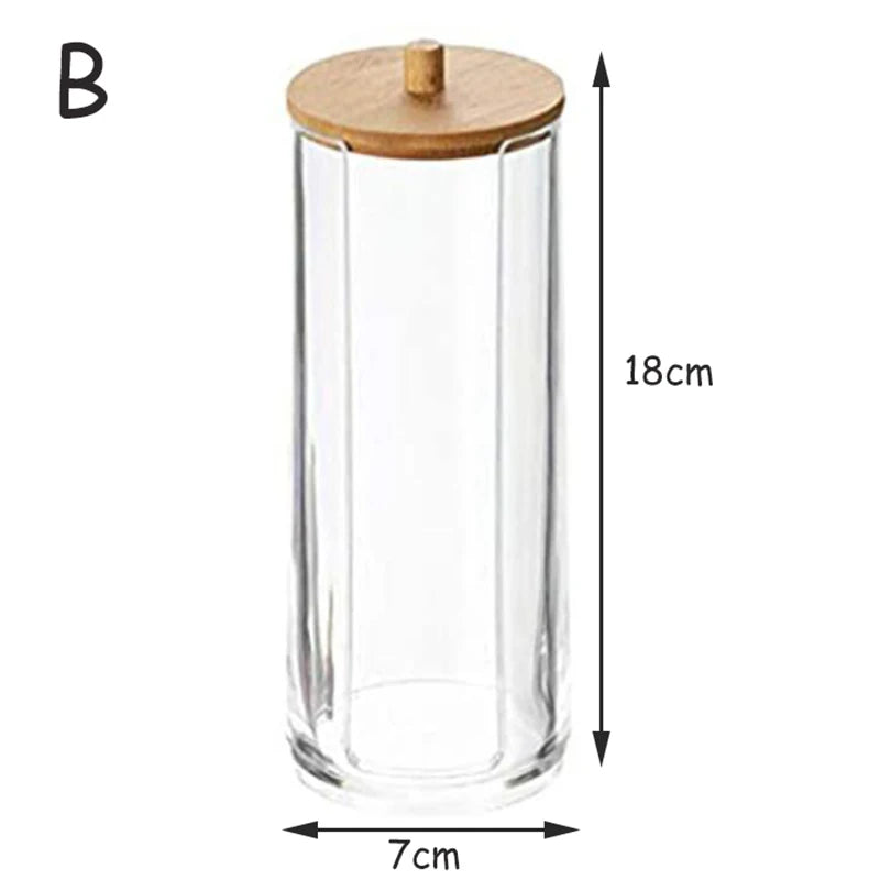 Caja de almacenamiento de acrílico, tarro de baño, organizador de maquillaje, soporte redondo para almohadillas de algodón, caja para hisopos de algodón, dispensador de hisopos con tapa de bambú