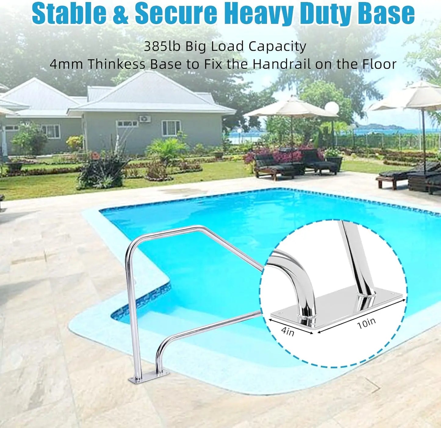 Pasamanos para piscina de 125 x 86 cm, acero inoxidable 304, capacidad de carga de 158 kg, resistente a la corrosión y con agarre azul.