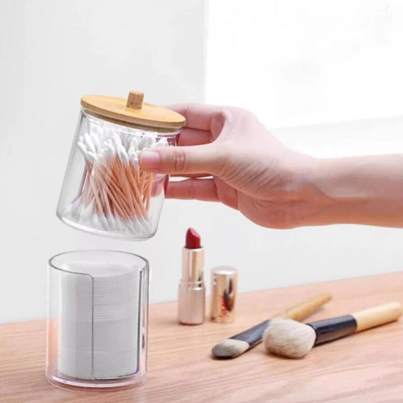 Caja de almacenamiento de acrílico, tarro de baño, organizador de maquillaje, soporte redondo para almohadillas de algodón, caja para hisopos de algodón, dispensador de hisopos con tapa de bambú