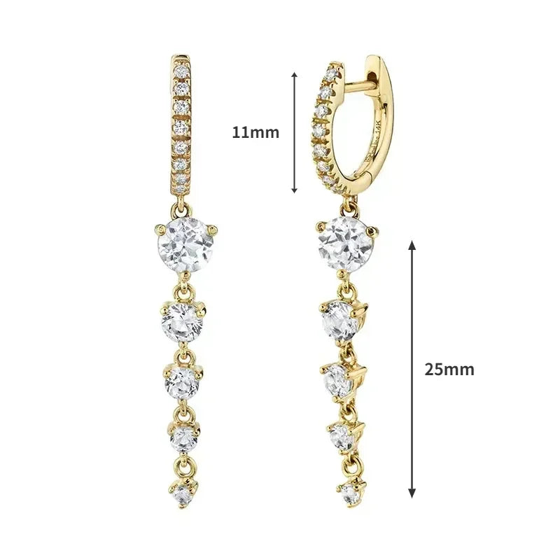 Pendientes de aro de plata de ley 925 con forma de aguja y cristales de circonita, con gotas de agua, dorados, joyería de lujo premium para fiestas.