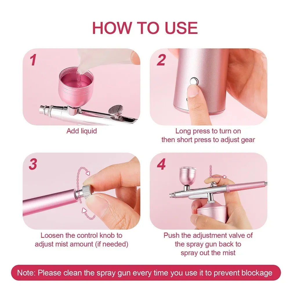 Kit de mini compresor de aire rosa de 0,3 mm, pistola pulverizadora de pintura con aerógrafo para uñas, tatuajes, manualidades, pasteles, pulverizador de niebla nano.