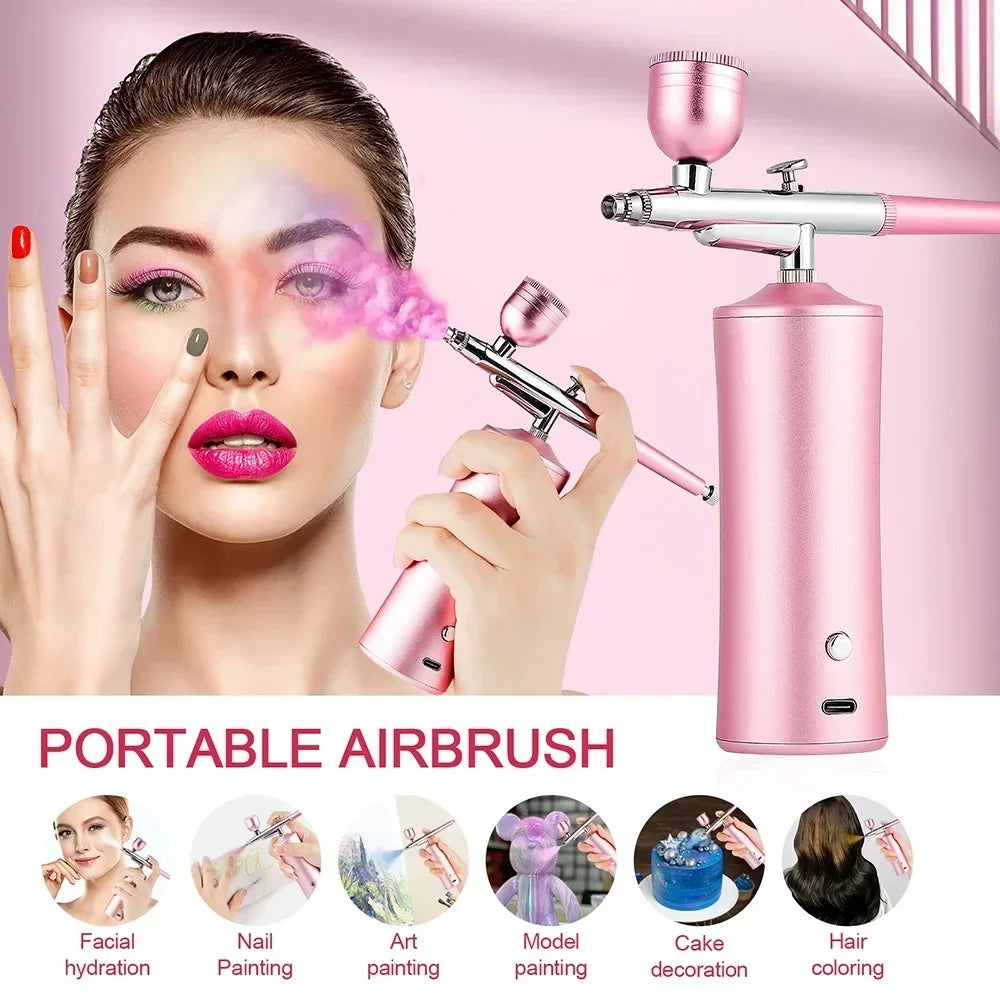Kit de mini compresor de aire rosa de 0,3 mm, pistola pulverizadora de pintura con aerógrafo para uñas, tatuajes, manualidades, pasteles, pulverizador de niebla nano.