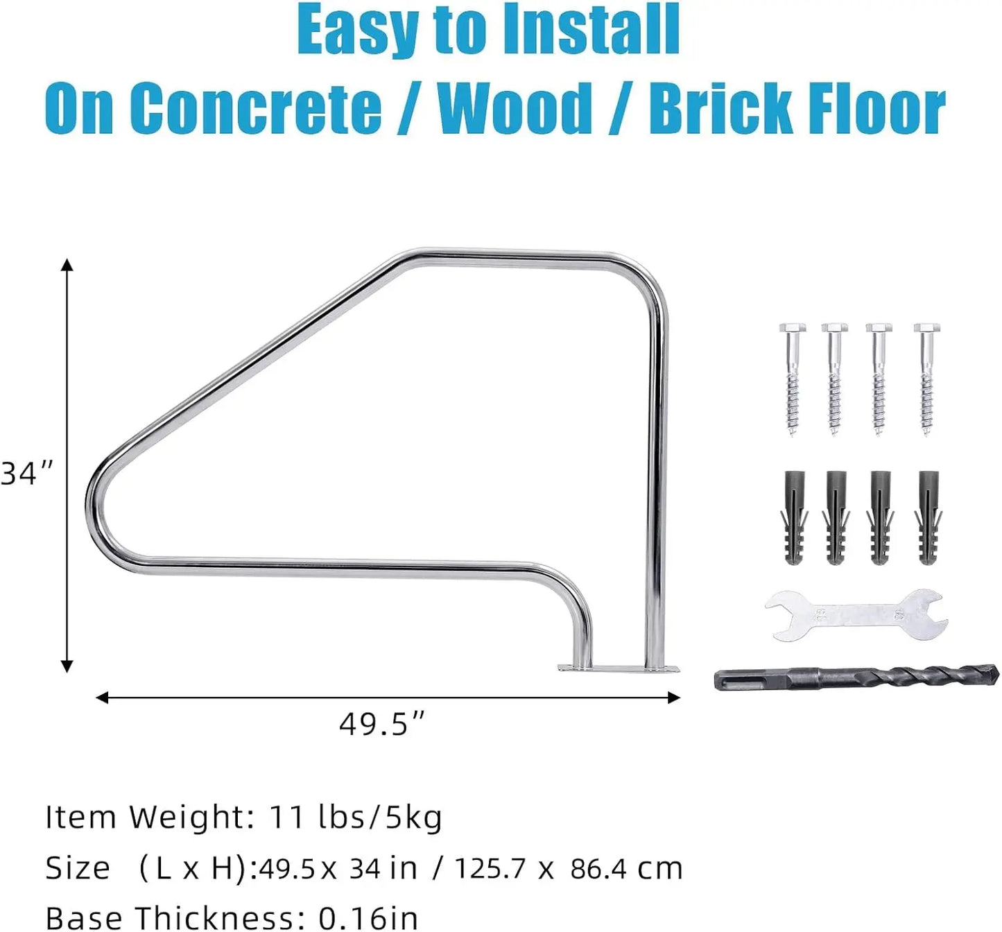 Pasamanos para piscina de 125 x 86 cm, acero inoxidable 304, capacidad de carga de 158 kg, resistente a la corrosión y con agarre azul.