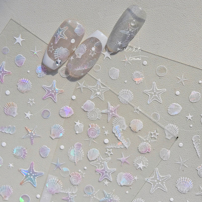 Calcomanías de manicura para decoración de uñas con relieve suave, conchas, estrellas de mar, caracoles, burbujas marinas, verano, playa, océano