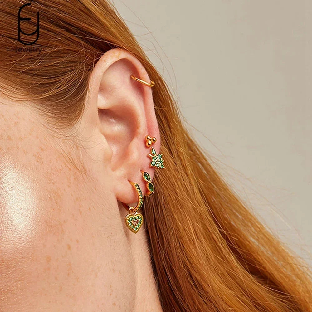 Pendientes de aro con forma de corazón y circonita verde en plata de ley 925 para mujer, delicados pendientes de botón, joyería de lujo, regalos.