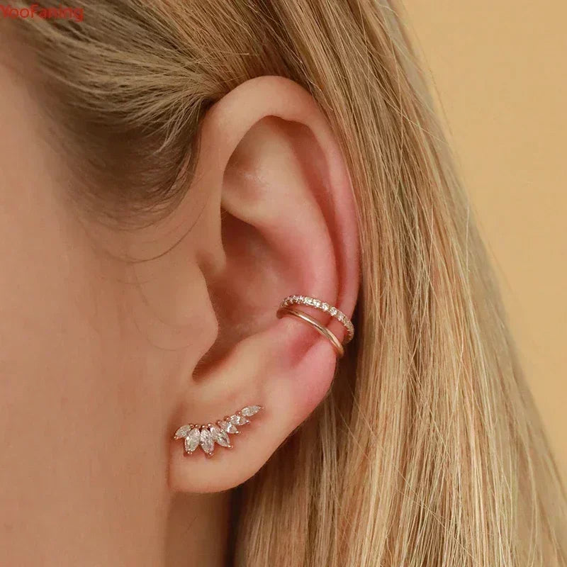 Pendientes de aro de plata de ley 925 con forma de aguja y cristales de circonita, con gotas de agua, dorados, joyería de lujo premium para fiestas.