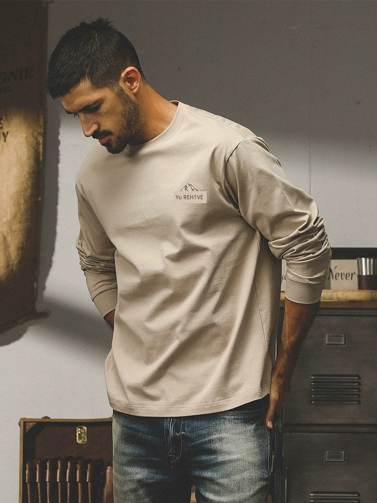 Camiseta Jereno de algodón peinado grueso de 260 g, estilo americano, para hombre, con estampado de montaña de otoño, holgada, moderna y combinable.