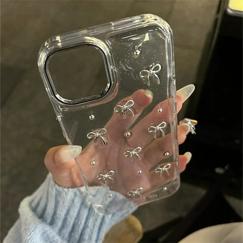 Korean Cute Little 3D Metal Bowknot Case For iPhone 16 15 14 13 12 11 Pro Max Plus Epoxy Glitter Shell Ins Girl Clear Soft Shell