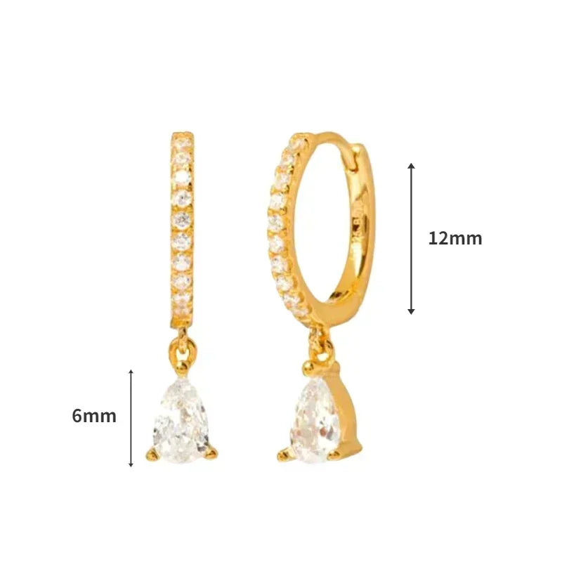 Pendientes de aro de plata de ley 925 con forma de aguja y cristales de circonita, con gotas de agua, dorados, joyería de lujo premium para fiestas.