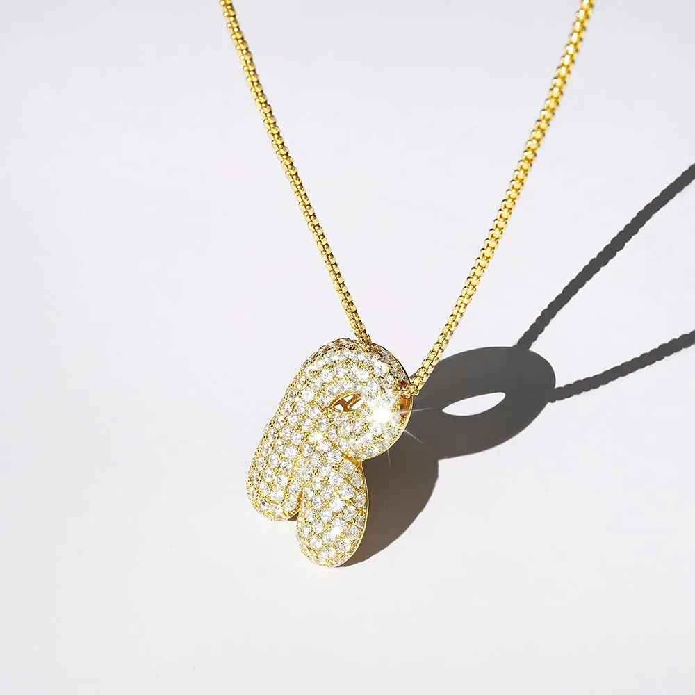 Collar con inicial de letra de circonita cúbica brillante para mujer, cadena de caja chapada en oro, globo, burbuja, colgante de AZ, collares, joyería, regalo