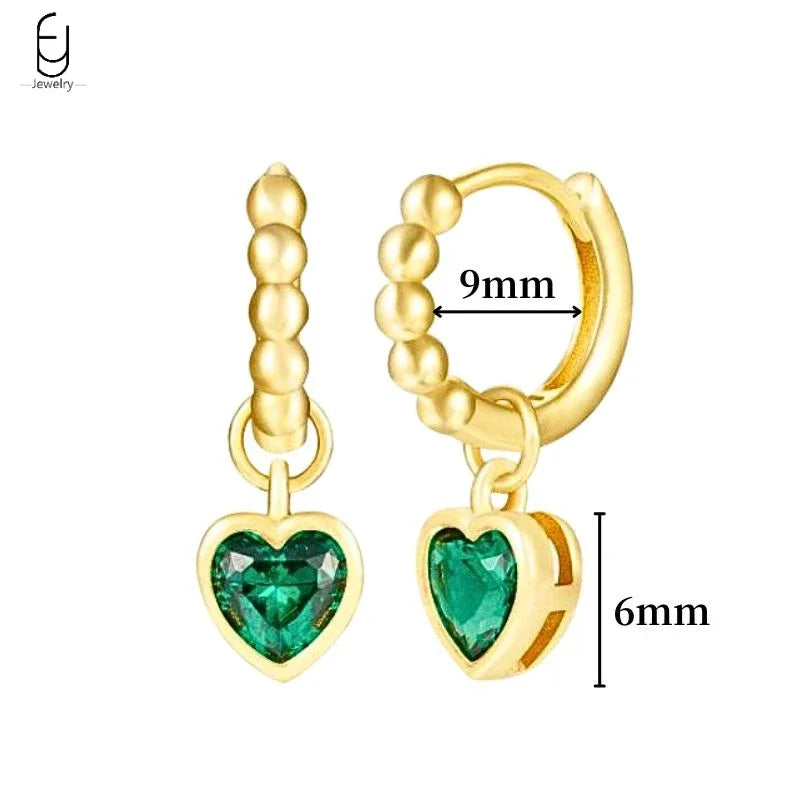 Pendientes de aro con forma de corazón y circonita verde en plata de ley 925 para mujer, delicados pendientes de botón, joyería de lujo, regalos.