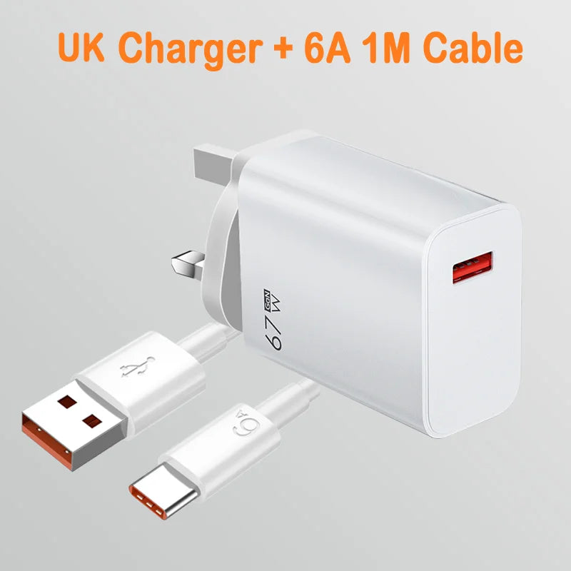 Cargador de teléfono de pared USB de 67 W con enchufe UE, EE. UU. y Reino Unido, cable USB tipo C para iPhone, Samsung, Xiaomi Redmi Note, cargador rápido Turbo, adaptador de corriente