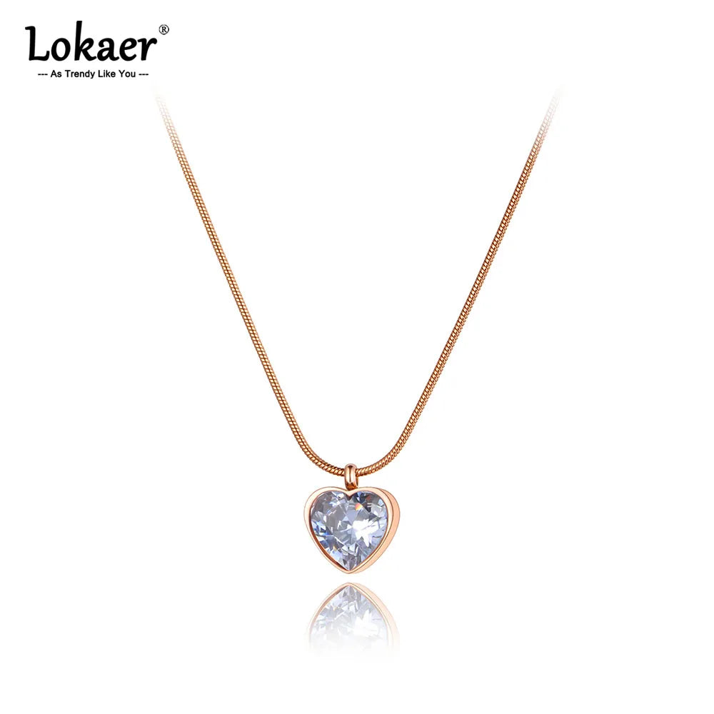 Lokaer Titanium Stainless Steel Love Heart Pendant Necklaces Jewelry Gold Plated CZ Crystal Wedding Necklace For Women N21111