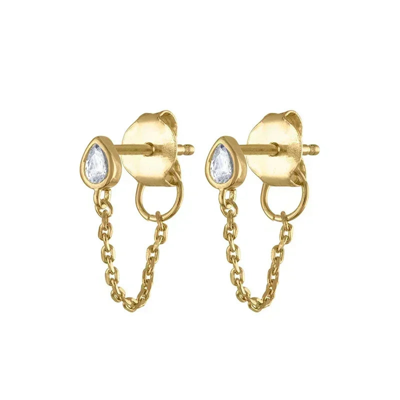 Pendientes de aro de plata de ley 925 con forma de aguja y cristales de circonita, con gotas de agua, dorados, joyería de lujo premium para fiestas.