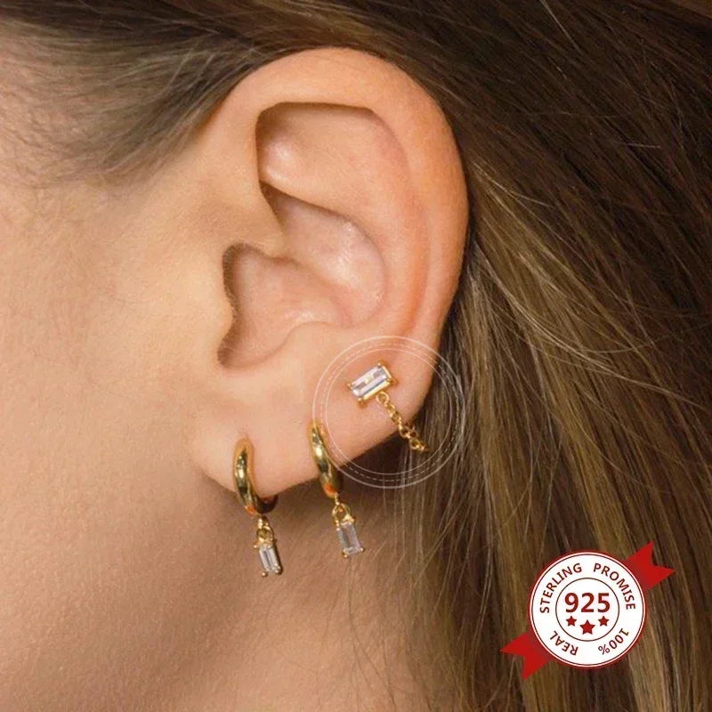 Pendientes de aro de plata de ley 925 con forma de aguja y cristales de circonita, con gotas de agua, dorados, joyería de lujo premium para fiestas.