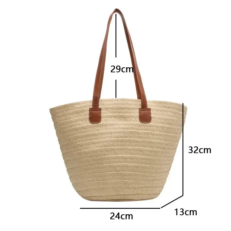 Bolso de mano trenzado con asa superior para mujer, bolso grande de paja portátil para hombro, bolso de fiesta de playa de verano, bolso de compras tipo cartera para mujer