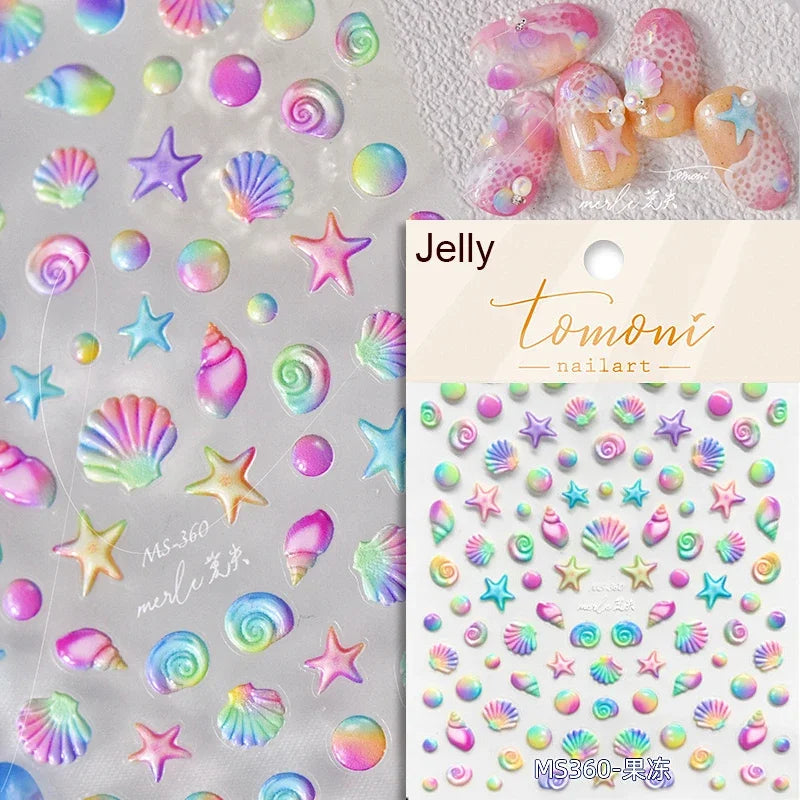 Calcomanías de manicura para decoración de uñas con relieve suave, conchas, estrellas de mar, caracoles, burbujas marinas, verano, playa, océano