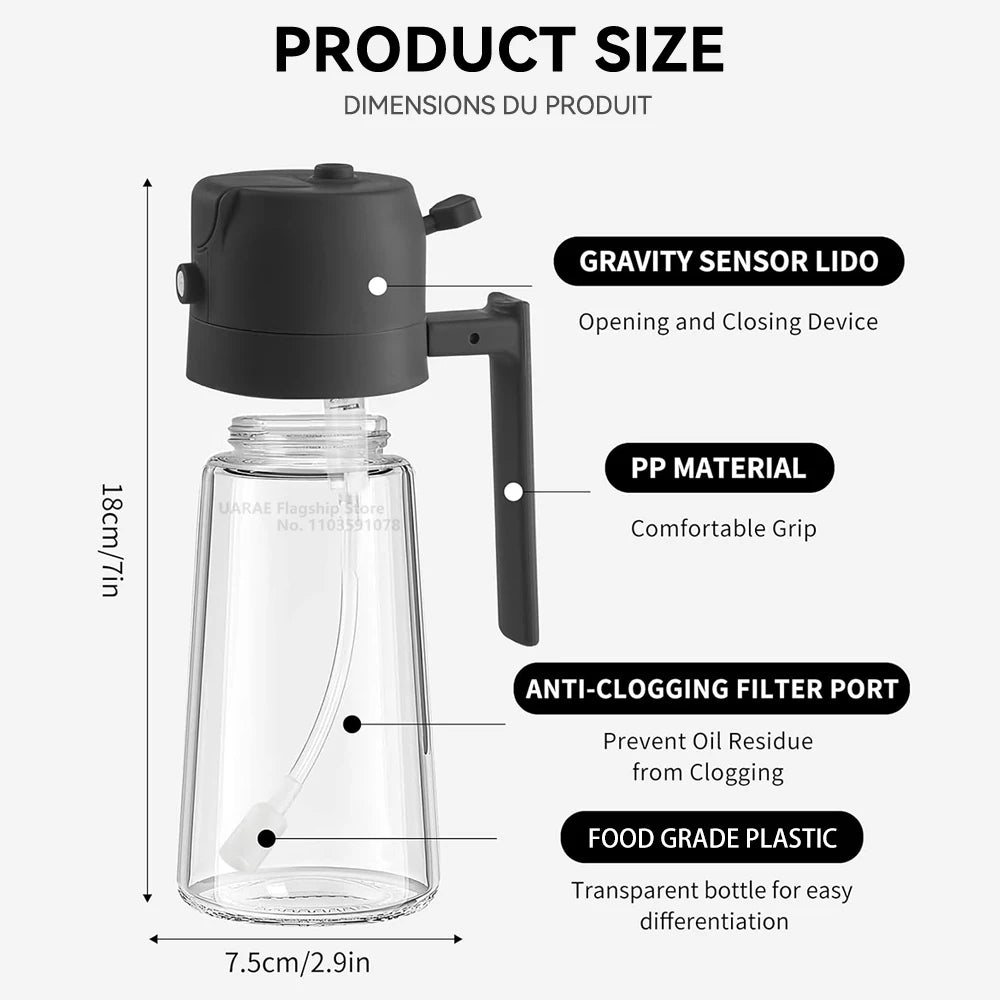 Botella vacía de aceite de 500 ml, 2 en 1, pulverizador y vertedor, recipiente de plástico para aceite de cocina, dispensador de aceite, vaporizador, vinagrera para camping y barbacoa.