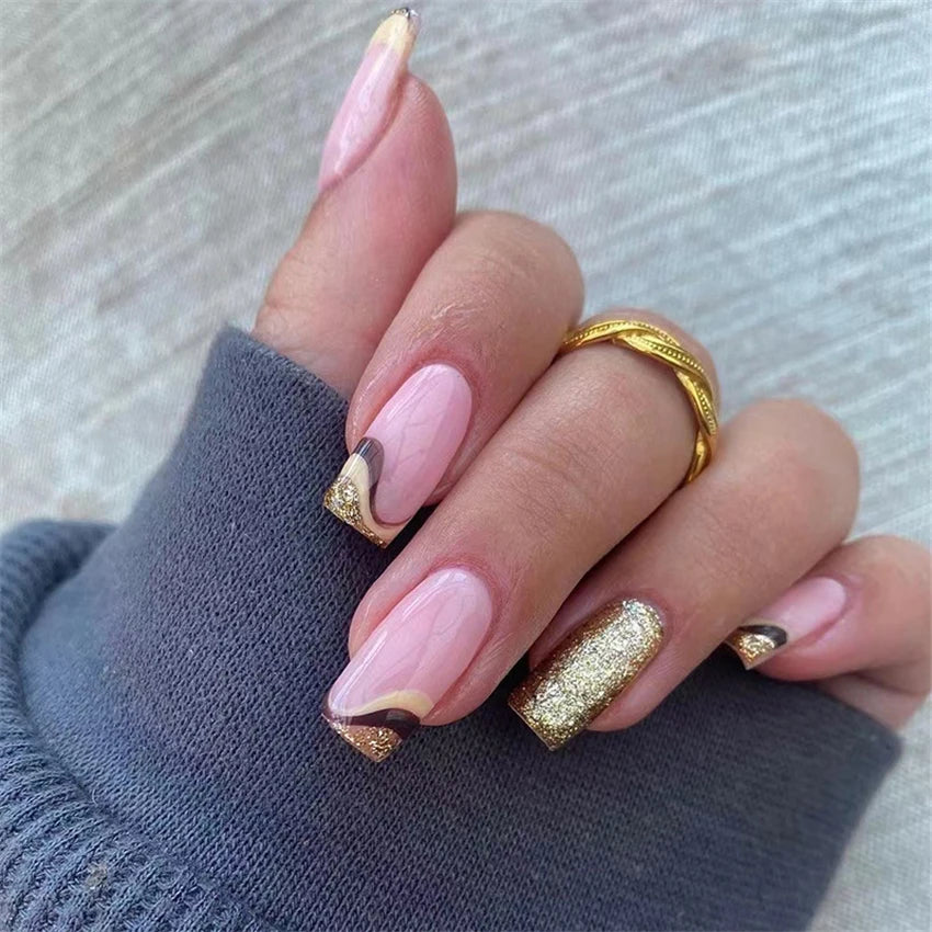 Juego de 24 uñas postizas con diseño de cabeza cuadrada en forma de ataúd, color rosa mate, estilo francés, de leopardo, acrílicas artificiales blancas.