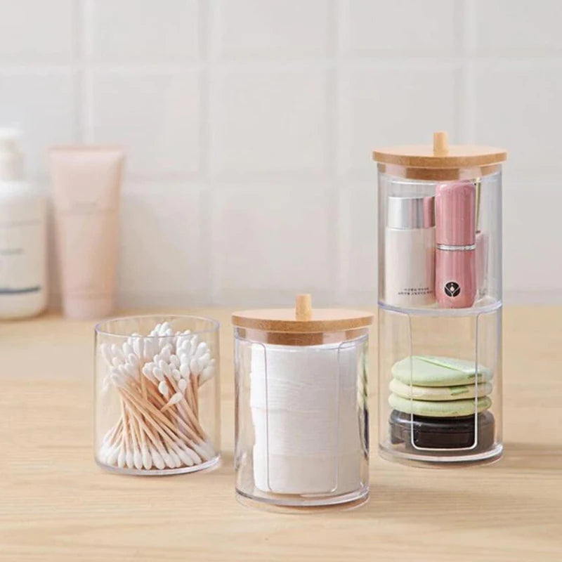 Caja de almacenamiento de acrílico, tarro de baño, organizador de maquillaje, soporte redondo para almohadillas de algodón, caja para hisopos de algodón, dispensador de hisopos con tapa de bambú