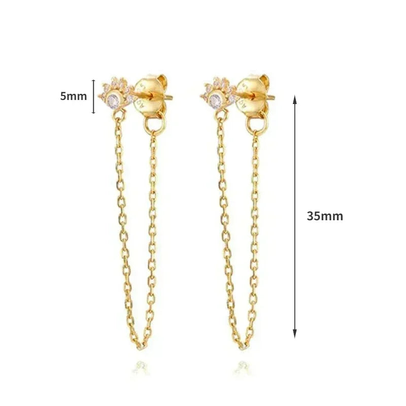 Pendientes de aro de plata de ley 925 con forma de aguja y cristales de circonita, con gotas de agua, dorados, joyería de lujo premium para fiestas.